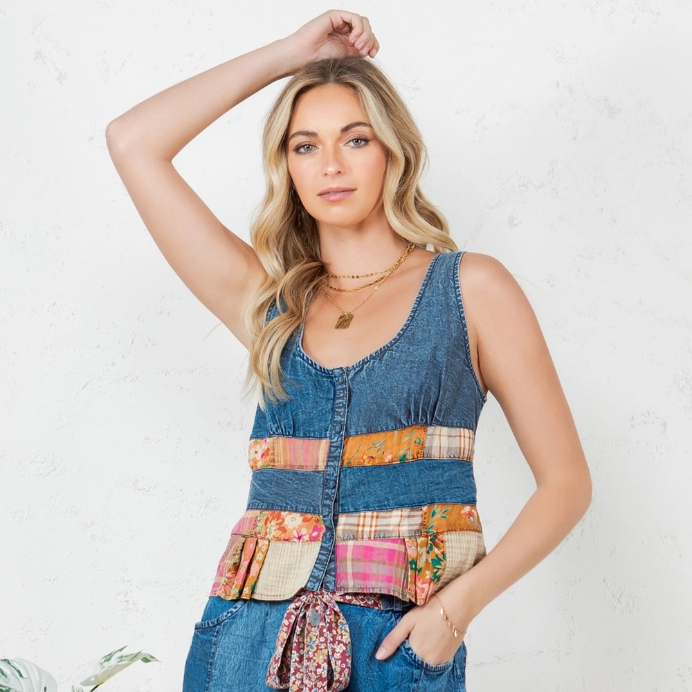Young Threads Smocked Summer Tank with Denim Accents and Flair - Picture 3 of 8